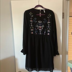 Xhilaration Black Long Sleeve Dress with Floral Embroidery